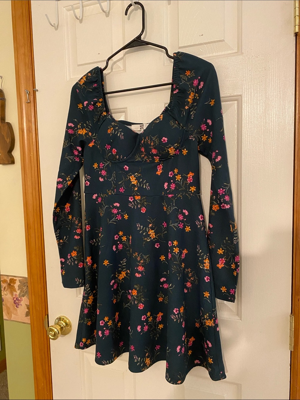 Square-Neck Floral Fit & Flare Mini Dress in Dark Teal